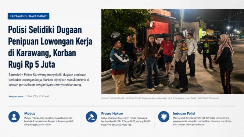 Janji Masuk Kerja Berujung Laporan Polisi. Satreskrim Polres Karawang tengah menyelidiki dugaan penipuan lowongan kerja dengan modus meminta uang kepada pencari kerja. 