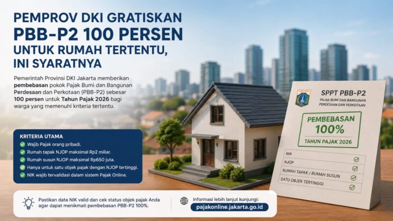 Pemprov DKI Jakarta resmi membebaskan Pajak Bumi dan Bangunan Perdesaan dan Perkotaan (PBB-P2) sebesar 100 persen untuk Tahun Pajak 2026 bagi warga yang memenuhi syarat tertentu.