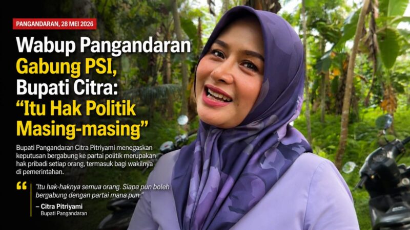 Bupati Pangandaran Citra Pitriyami menanggapi santai kabar Wakil Bupati Ino Darsono yang resmi bergabung dengan PSI usai bertemu Presiden ke-7 RI Joko Widodo di Solo. Hubungan pemerintahan disebut tetap berjalan harmonis.