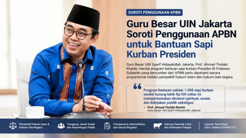 Guru Besar UIN Syarif Hidayatullah Jakarta, Prof. Ahmad Tholabi Kharlie, menilai penggunaan APBN untuk program bantuan sapi kurban Presiden perlu dipahami secara proporsional melalui perspektif hukum Islam dan hukum tata negara.