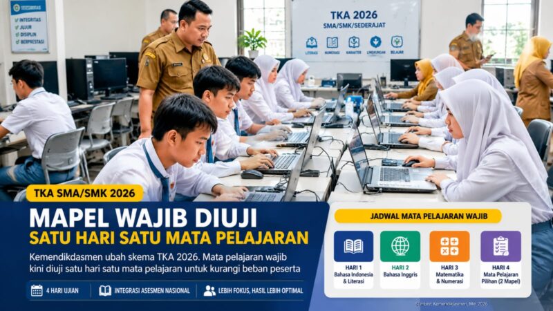 Pelaksanaan Tes Kemampuan Akademik (TKA) SMA/SMK 2026 akan berlangsung dengan skema baru. Kemendikdasmen resmi menerapkan sistem satu hari satu mata pelajaran wajib guna mengurangi beban peserta dan meningkatkan fokus saat ujian berlangsung.