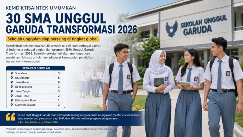 Kemdiktisaintek resmi mengumumkan 30 SMA Unggul Garuda Transformasi 2026 yang tersebar di berbagai wilayah Indonesia.