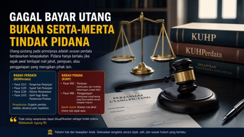 Utang yang tidak terbayar belum tentu merupakan tindak pidana. Hukum membedakan secara tegas antara wanprestasi dalam perjanjian perdata dan perbuatan pidana yang mengandung unsur penipuan atau penggelapan. (Ilustrasi/GEMPAR.CO)