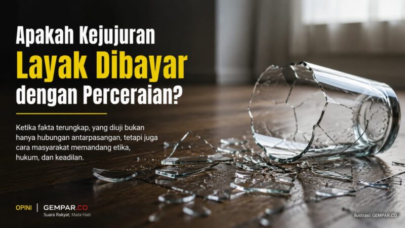 Pecahan gelas menjadi metafora rapuhnya kepercayaan dalam sebuah hubungan. Opini ini mengulas bagaimana kejujuran, masa lalu, dan tuntutan moral dapat berhadapan dengan prinsip-prinsip hukum dan keadilan. (Ilustrasi: GEMPAR.CO)