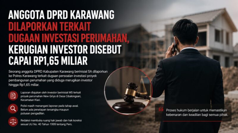 Seorang anggota DPRD Kabupaten Karawang berinisial SA dilaporkan ke Polres Karawang terkait dugaan persoalan investasi proyek perumahan New Griya di Desa Cibalongsari, Kecamatan Klari. Pelapor mengaku mengalami kerugian investasi hingga Rp1,65 miliar.