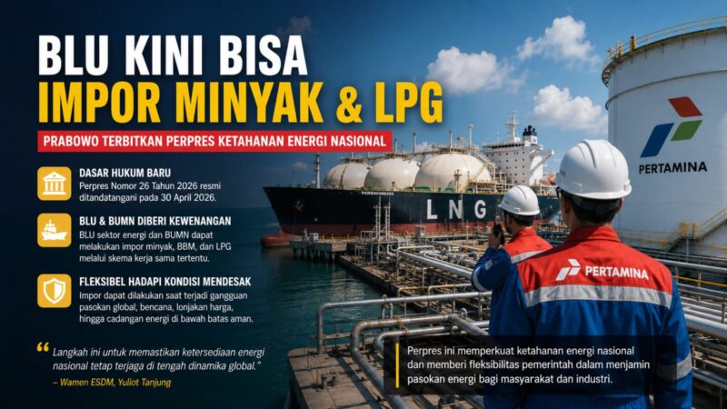 Aktivitas bongkar muat energi di terminal minyak dan LPG. Pemerintah resmi menerbitkan Perpres Nomor 26 Tahun 2026 yang memberikan kewenangan kepada Badan Layanan Umum (BLU) sektor energi untuk melakukan impor minyak bumi, BBM, dan LPG guna memperkuat ketahanan energi nasional serta menjaga stabilitas pasokan di tengah dinamika pasar global.