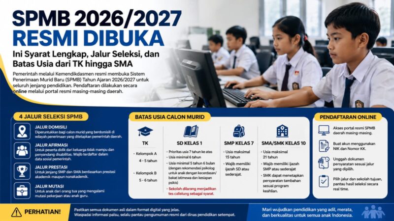 SPMB 2026/2027 resmi dibuka. Pemerintah menetapkan empat jalur penerimaan, yakni domisili, afirmasi, prestasi, dan mutasi untuk jenjang TK, SD, SMP, hingga SMA/SMK.
