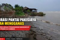 Gelombang laut terus menggerus pesisir Pantai Pakisjaya, Karawang. Abrasi yang terjadi selama bertahun-tahun telah menghilangkan daratan, merusak tambak warga, dan mengancam permukiman di sepanjang garis pantai.