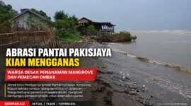 Gelombang laut terus menggerus pesisir Pantai Pakisjaya, Karawang. Abrasi yang terjadi selama bertahun-tahun telah menghilangkan daratan, merusak tambak warga, dan mengancam permukiman di sepanjang garis pantai.