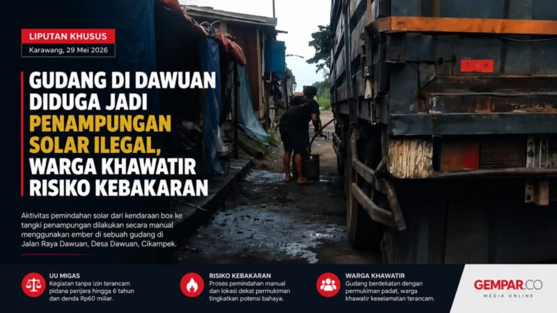 Aktivitas pemindahan solar secara manual menggunakan ember ditemukan di sebuah gudang di wilayah Dawuan, Cikampek, Karawang. Lokasi yang berada dekat permukiman warga memunculkan kekhawatiran terkait potensi kebakaran, ledakan, hingga pencemaran lingkungan.