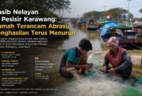 Catim (kanan), nelayan kepiting di Desa Cemarajaya, Kecamatan Cibuaya, Kabupaten Karawang, memperbaiki jaring bersama anaknya sebelum kembali melaut.