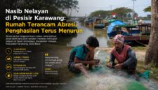 Catim (kanan), nelayan kepiting di Desa Cemarajaya, Kecamatan Cibuaya, Kabupaten Karawang, memperbaiki jaring bersama anaknya sebelum kembali melaut.
