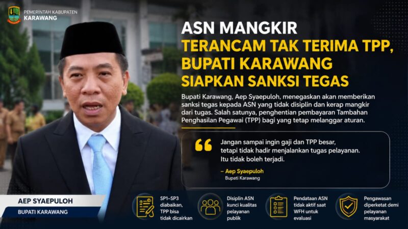 Bupati Karawang, Aep Syaepuloh, menegaskan bahwa ASN yang berulang kali melanggar aturan dan tidak menjalankan tugas pelayanan publik dapat dikenakan sanksi tegas, termasuk penghentian pembayaran Tambahan Penghasilan Pegawai (TPP).