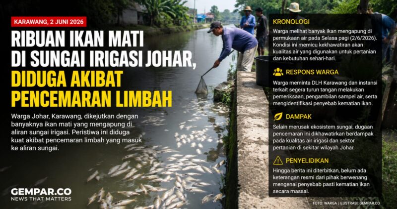 Penemuan ribuan ikan mati yang mengambang di aliran Sungai Irigasi Johar, Kabupaten Karawang, memicu kekhawatiran warga terhadap dugaan pencemaran limbah. 