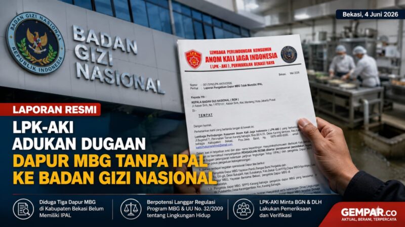 Lembaga Perlindungan Konsumen Anom Kali Jaga Indonesia (LPK-AKI) Perwakilan Bekasi Raya melaporkan dugaan sejumlah dapur Program Makan Bergizi Gratis (MBG) di Kabupaten Bekasi yang belum memiliki Instalasi Pengolahan Air Limbah (IPAL).