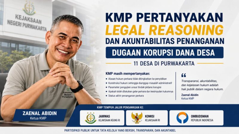 Komunitas Madani Purwakarta (KMP) berencana melaporkan penanganan dugaan korupsi Dana Desa di 11 desa kepada Jamwas Kejaksaan Agung RI, Komisi Kejaksaan RI, dan Ombudsman RI.