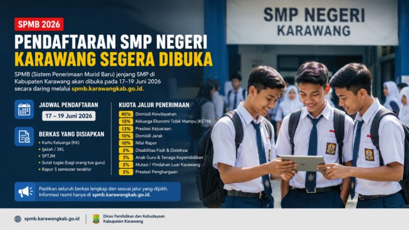 SPMB SMP Kabupaten Karawang Tahun 2026 segera dibuka. Calon peserta didik dan orang tua diimbau mempersiapkan seluruh persyaratan administrasi sejak dini agar proses pendaftaran berjalan lancar.