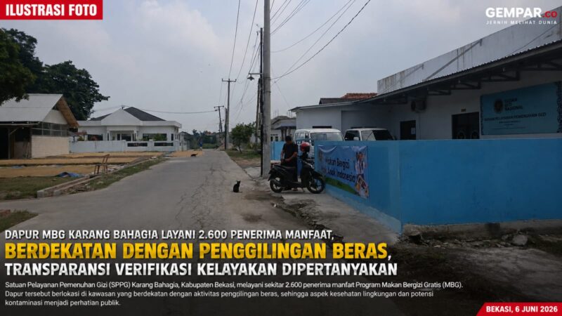 Lokasi dapur yang berada di kawasan berdekatan dengan aktivitas penggilingan beras memunculkan perhatian terkait aspek kesehatan lingkungan, keamanan pangan, dan proses verifikasi kelayakan operasional.