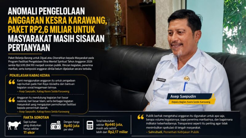 Paket bantuan masyarakat Rp2,61 miliar dalam Program Bina Mental Spiritual 2026 menjadi sorotan. Publik meminta Pemkab Karawang membuka rincian kegiatan, penerima manfaat, dan penggunaan anggaran secara transparan.