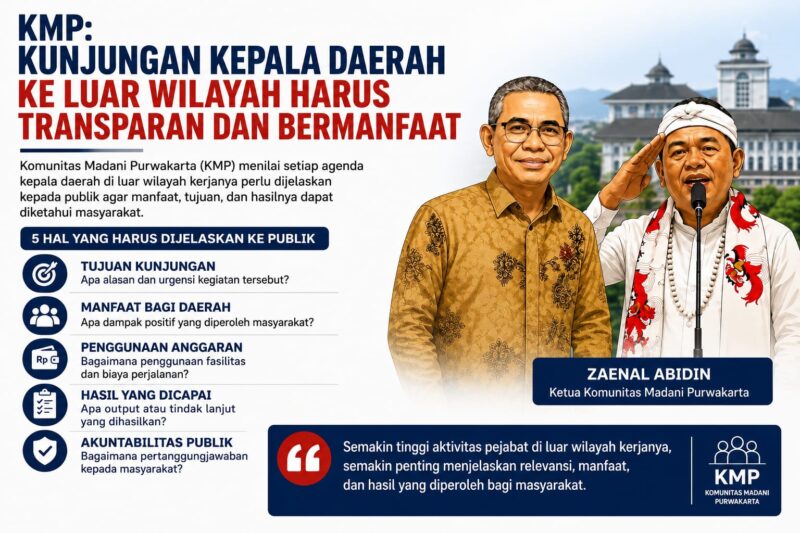 Komunitas Madani Purwakarta (KMP) menegaskan bahwa setiap kunjungan kepala daerah ke luar wilayah kerjanya harus dapat dipertanggungjawabkan kepada publik. 