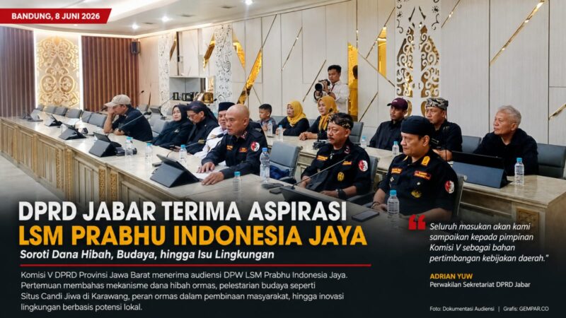 Komisi V DPRD Provinsi Jawa Barat menerima audiensi DPW LSM Prabhu Indonesia Jaya yang menyampaikan berbagai aspirasi terkait tata kelola dana hibah, pelestarian budaya, pemberdayaan masyarakat, hingga inovasi lingkungan berbasis potensi lokal.