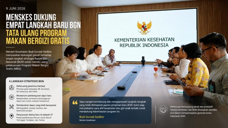 Menteri Kesehatan Budi Gunadi Sadikin menerima kunjungan Kepala Badan Gizi Nasional (BGN) Nanik Sudaryati Deyang bersama jajaran pimpinan baru BGN di Kementerian Kesehatan, Jakarta, Selasa (9/6/2026).