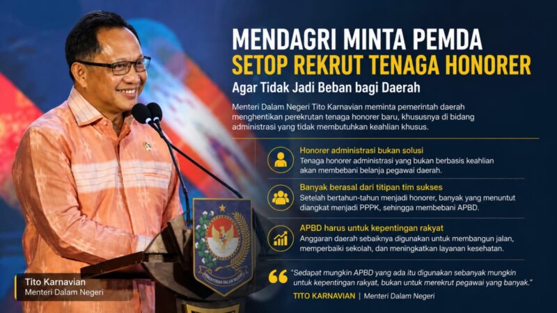 Mendagri Tito Karnavian meminta pemerintah daerah menghentikan perekrutan tenaga honorer baru, khususnya di bidang administrasi, guna mencegah membengkaknya belanja pegawai yang membebani APBD.