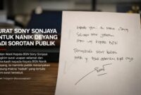 Surat tulisan tangan yang diunggah mantan Wakil Kepala Badan Gizi Nasional (BGN), Sony Sonjaya, kepada Kepala BGN Nanik S. Deyang memicu perhatian publik. Dalam surat tersebut, Sony mengucapkan selamat atas jabatan baru Nanik sekaligus menyampaikan terima kasih atas sebuah 