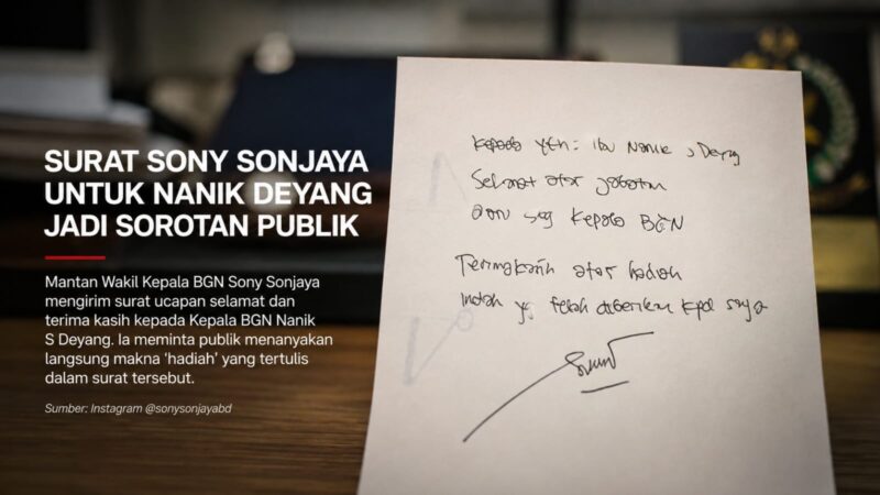 Surat tulisan tangan yang diunggah mantan Wakil Kepala Badan Gizi Nasional (BGN), Sony Sonjaya, kepada Kepala BGN Nanik S. Deyang memicu perhatian publik. Dalam surat tersebut, Sony mengucapkan selamat atas jabatan baru Nanik sekaligus menyampaikan terima kasih atas sebuah 