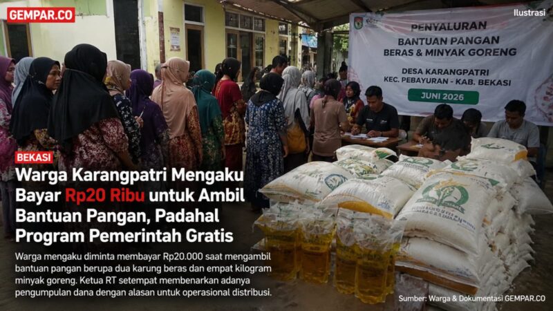 Warga Desa Karangpatri, Kecamatan Pebayuran, Kabupaten Bekasi, mengaku diminta membayar Rp20.000 saat mengambil bantuan pangan berupa beras dan minyak goreng yang disalurkan pada Juni 2026. 