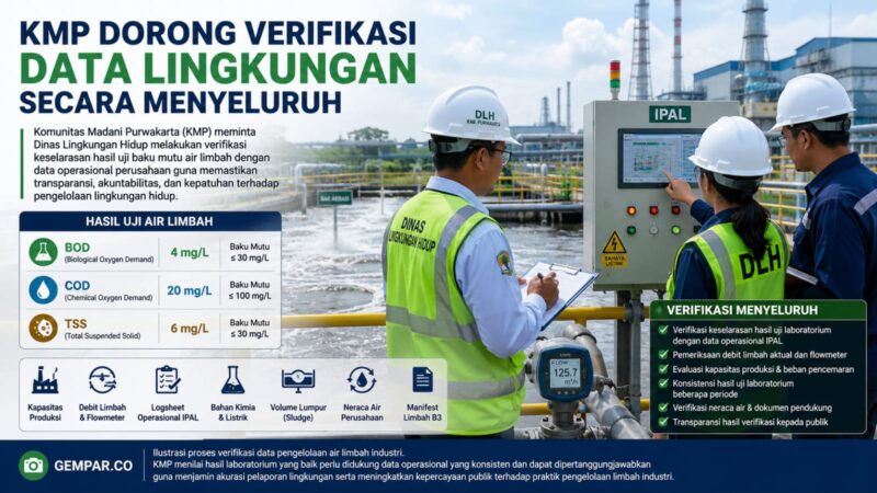 Komunitas Madani Purwakarta (KMP) meminta Dinas Lingkungan Hidup melakukan verifikasi keselarasan hasil uji baku mutu air limbah dengan data operasional perusahaan guna memastikan transparansi, akuntabilitas, dan kepatuhan terhadap pengelolaan lingkungan hidup.
