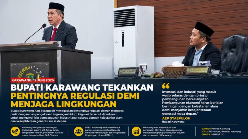 Bupati Karawang Aep Syaepuloh menyampaikan pandangannya dalam rapat paripurna DPRD Kabupaten Karawang terkait pentingnya penguatan regulasi perlindungan dan pengelolaan lingkungan hidup. 