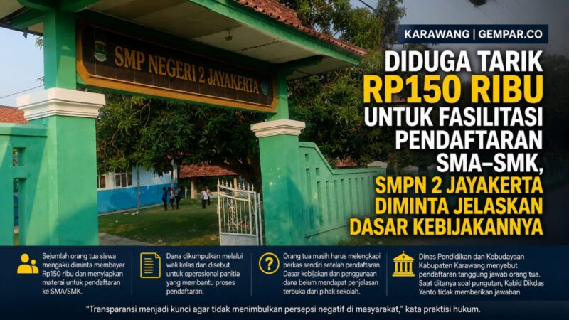 SMP Negeri 2 Jayakerta, menjadi sorotan setelah muncul keluhan sejumlah orang tua siswa terkait pembayaran sebesar Rp150 ribu untuk operasional panitia pendaftaran ke SMA dan SMK pada pelaksanaan SPMB 2026. 