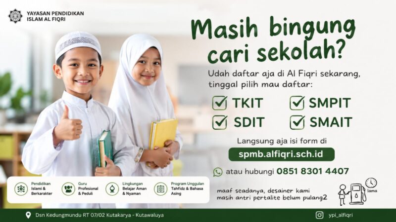 Yayasan Pendidikan Islam Al Fiqri membuka pendaftaran peserta didik baru tahun ajaran 2026/2027.