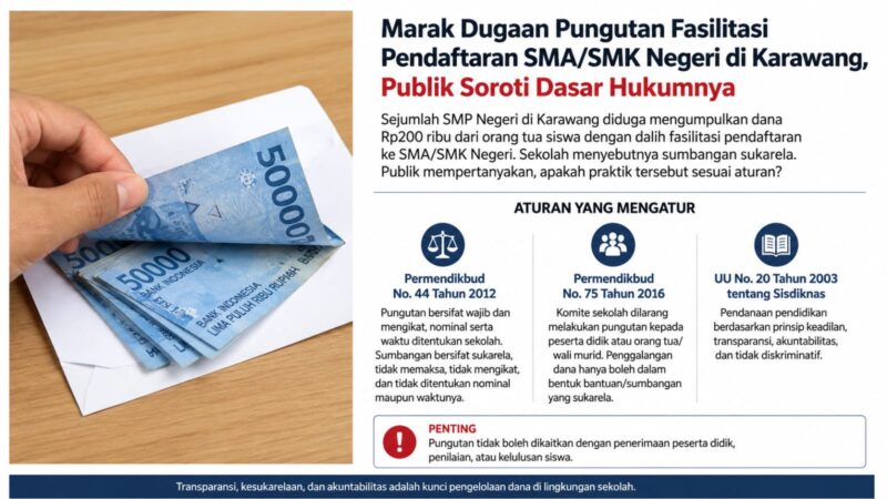 Dana fasilitasi pendaftaran SMA/SMK Negeri di Kabupaten Karawang sebesar Rp200 ribu yang disebut sebagai sumbangan sukarela menuai sorotan publik.
