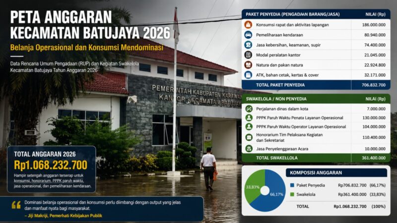 Peta Anggaran Kecamatan Batujaya Tahun 2026 menunjukkan dominasi belanja operasional dalam struktur penggunaan anggaran.