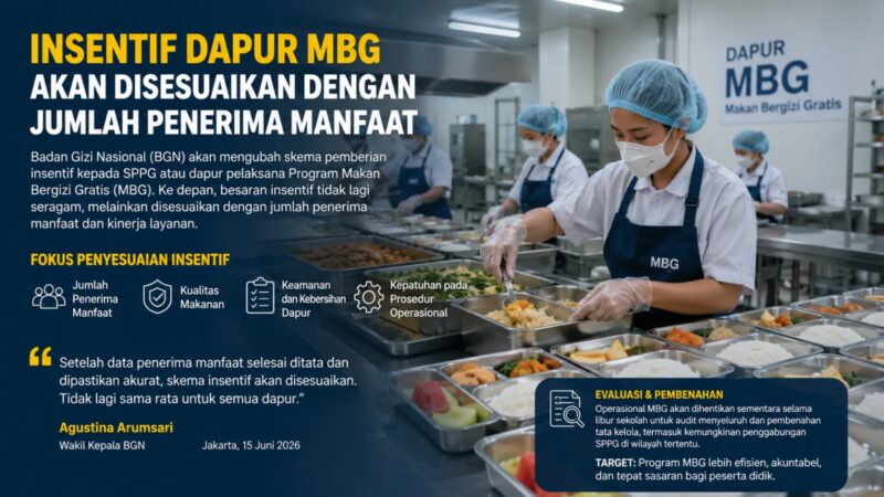 BGN Siapkan Skema Baru Insentif Dapur MBG
Insentif bagi dapur pelaksana Program Makan Bergizi Gratis (MBG) akan disesuaikan dengan jumlah penerima manfaat dan kinerja layanan.