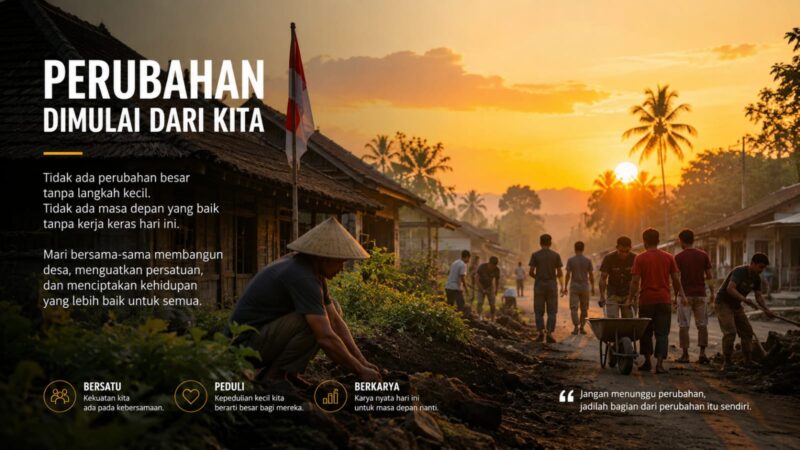 Perubahan tidak lahir dari janji, melainkan dari kerja nyata dan kepedulian bersama. Dari desa yang sederhana, harapan tumbuh melalui gotong royong, kejujuran, dan keberanian untuk memperjuangkan masa depan yang lebih baik.