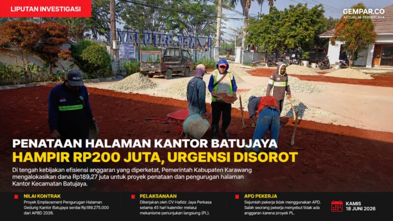 Pekerja melakukan penataan dan pengurugan halaman Kantor Kecamatan Batujaya, Kabupaten Karawang, Kamis (18/6/2026). 