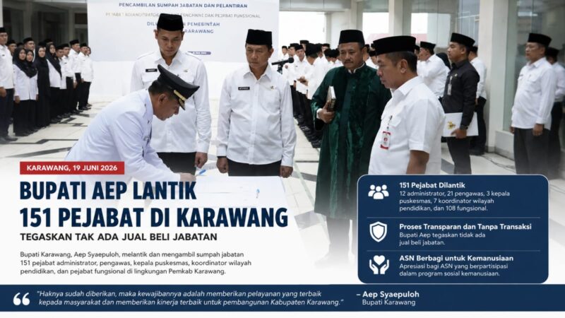 Bupati Karawang Aep Syaepuloh melantik 151 pejabat di lingkungan Pemkab Karawang, Jumat (19/6/2026).