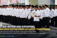 Bupati Karawang melantik dan mengambil sumpah jabatan terhadap 151 pejabat administrator, pejabat pengawas, kepala puskesmas, koordinator wilayah pendidikan, dan pejabat fungsional di Gedung Pemda II Karawang, Jumat (19/6/2026).