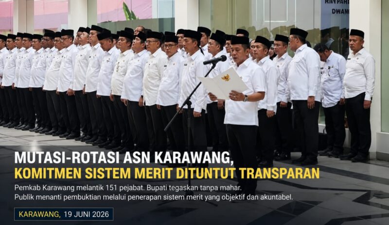 Bupati Karawang melantik dan mengambil sumpah jabatan terhadap 151 pejabat administrator, pejabat pengawas, kepala puskesmas, koordinator wilayah pendidikan, dan pejabat fungsional di Gedung Pemda II Karawang, Jumat (19/6/2026).