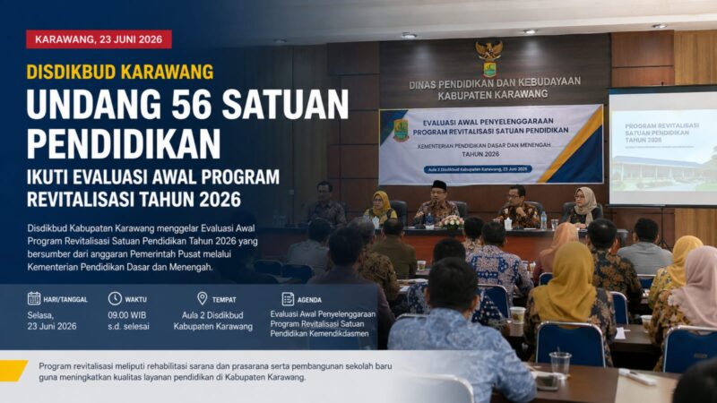 Sebanyak 56 satuan pendidikan di Kabupaten Karawang mengikuti Evaluasi Awal Program Revitalisasi Satuan Pendidikan Tahun 2026 yang digelar Dinas Pendidikan dan Kebudayaan Kabupaten Karawang.