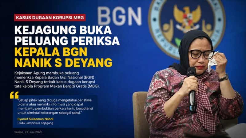 Kejaksaan Agung membuka peluang memeriksa Kepala Badan Gizi Nasional (BGN), Nanik S Deyang, dalam pengusutan dugaan korupsi tata kelola Program Makan Bergizi Gratis (MBG).