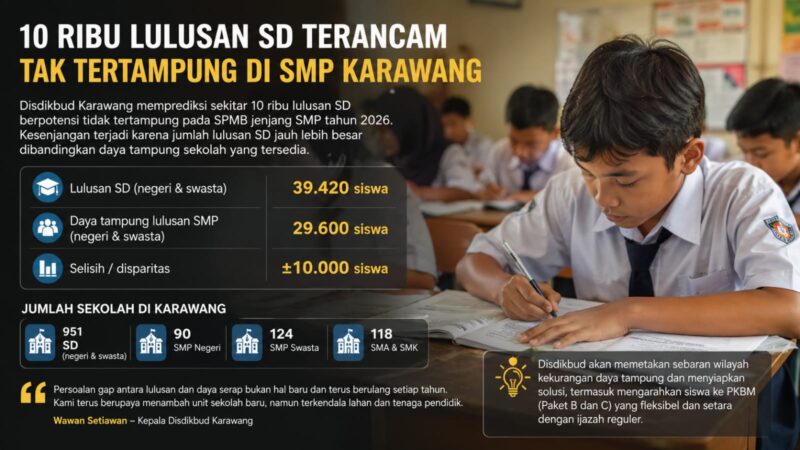 10 Ribu Lulusan SD Berpotensi Tak Tertampung di SMP Karawang.
Alarm bagi dunia pendidikan. Saatnya pemerintah mengevaluasi pemerataan daya tampung dan memperkuat akses pendidikan bagi seluruh anak Karawang.