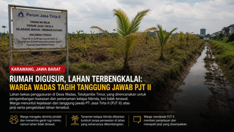 Lahan bekas penggusuran di Desa Wadas, Kecamatan Telukjambe Timur, Kabupaten Karawang, kini dipenuhi rumput liar dan tanaman kelapa hibrida yang tampak tidak terawat.