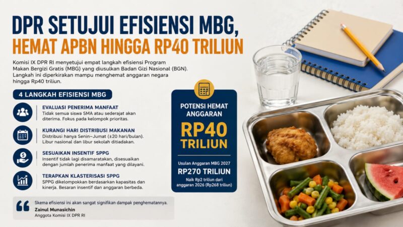 DPR RI menyetujui empat langkah efisiensi Program Makan Bergizi Gratis (MBG) yang diusulkan Badan Gizi Nasional (BGN).