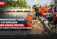 Pembangunan turap saluran irigasi di Desa Batujaya, Kecamatan Batujaya, Karawang, menjadi sorotan karena hingga beberapa hari pekerjaan berlangsung belum dilengkapi papan informasi proyek.