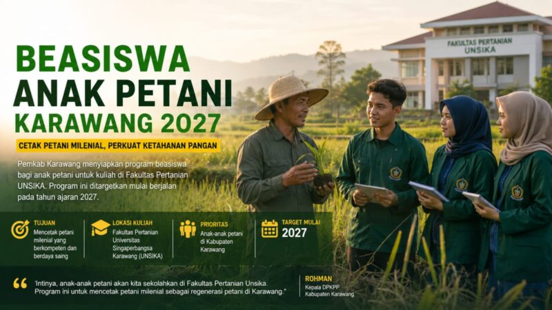 Pemerintah Kabupaten Karawang tengah mematangkan program beasiswa bagi anak petani sebagai upaya mencetak regenerasi petani muda yang berpendidikan dan siap menghadapi tantangan pertanian modern.