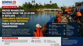 Proyek rehabilitasi saluran irigasi PJT II di Batujaya menjadi perhatian setelah papan proyek baru dipasang hampir satu bulan sejak pekerjaan dimulai.